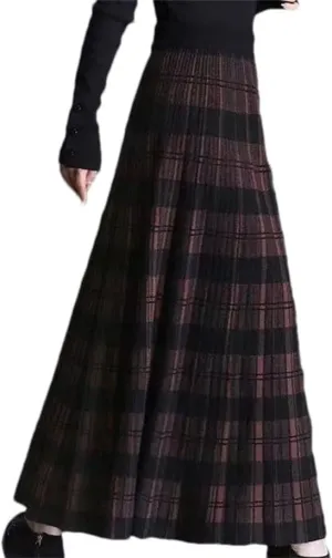 Winter Thickening Plaid Midi Skirt Women Vintage Pleated Elastic A-Line High Waist Knitted Skirt Loose All-Match Skirt