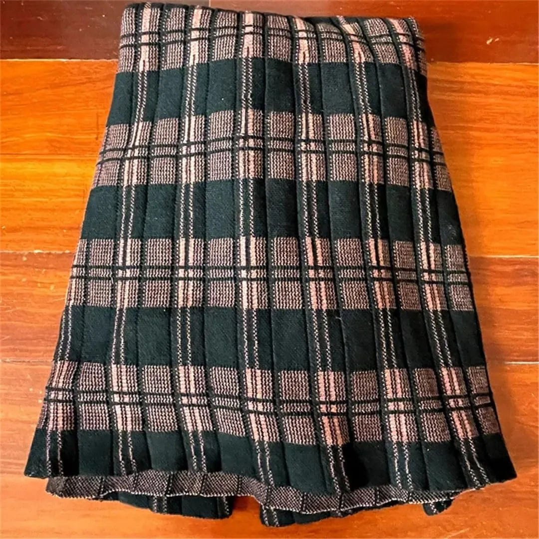 Winter Thickening Plaid Midi Skirt Women Vintage Pleated Elastic A-Line High Waist Knitted Skirt Loose All-Match Skirt