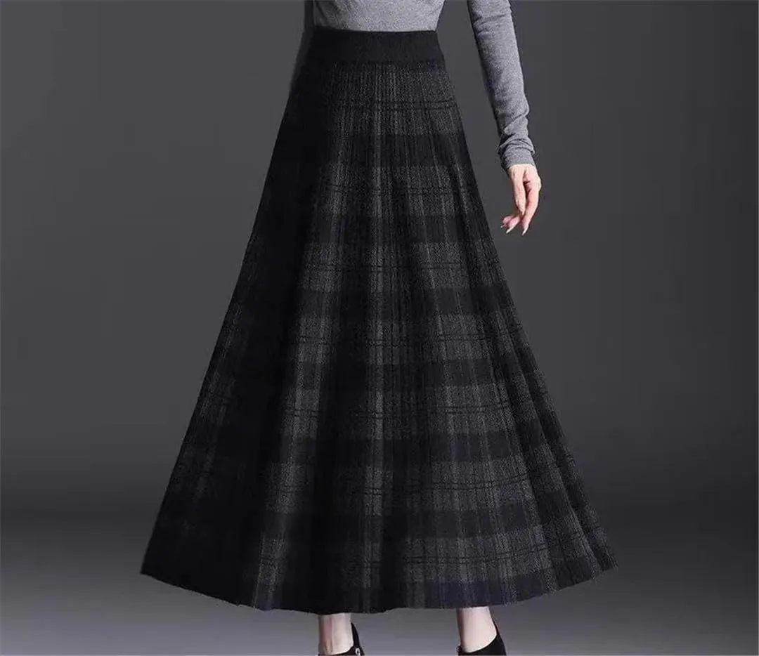 Winter Thickening Plaid Midi Skirt Women Vintage Pleated Elastic A-Line High Waist Knitted Skirt Loose All-Match Skirt