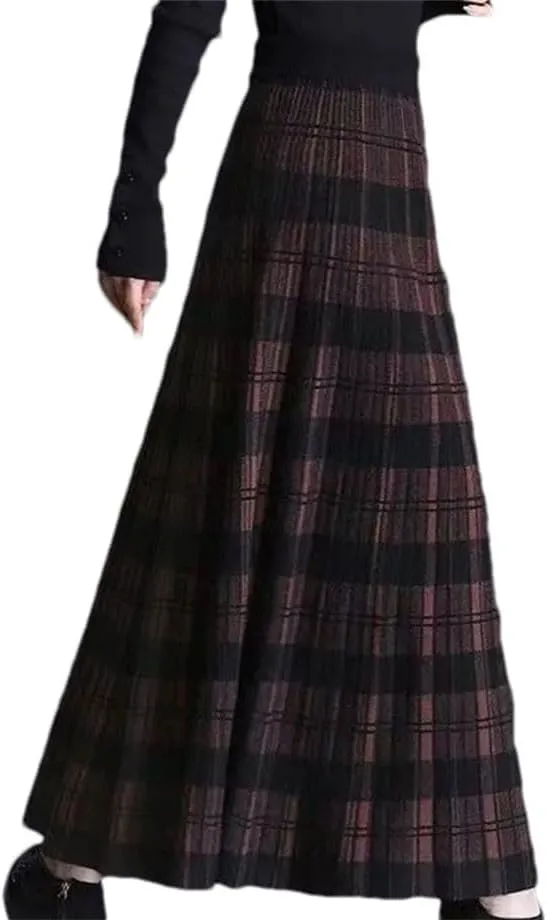 Winter Thickening Plaid Midi Skirt Women Vintage Pleated Elastic A-Line High Waist Knitted Skirt Loose All-Match Skirt