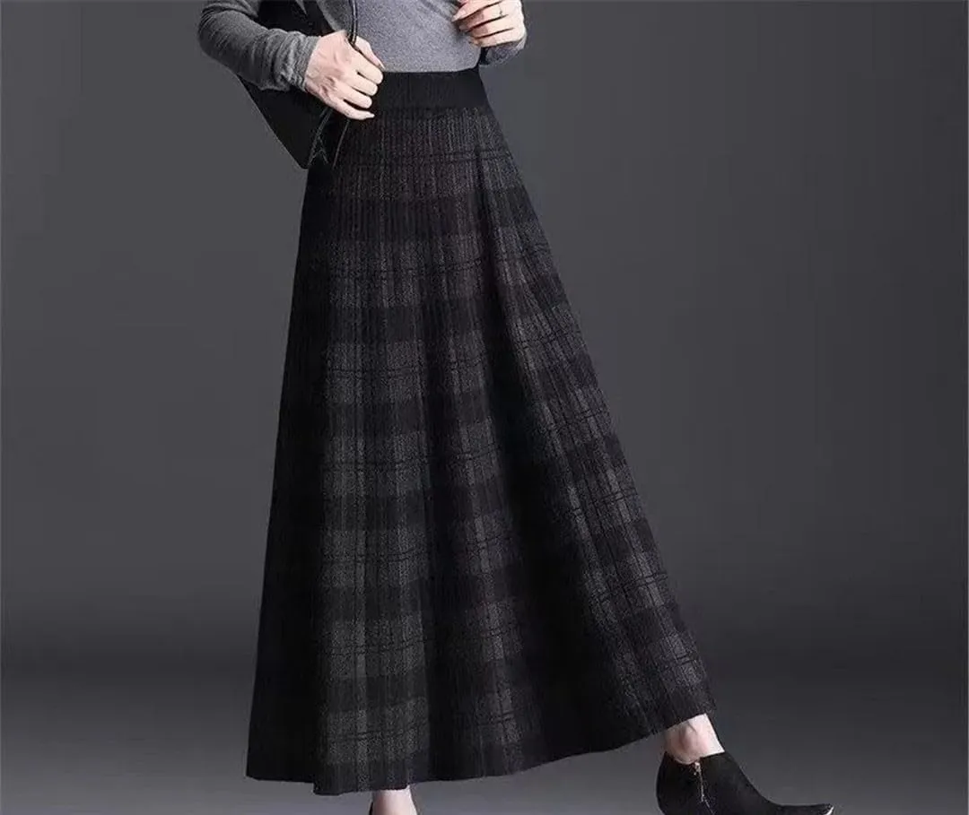 Winter Thickening Plaid Midi Skirt Women Vintage Pleated Elastic A-Line High Waist Knitted Skirt Loose All-Match Skirt
