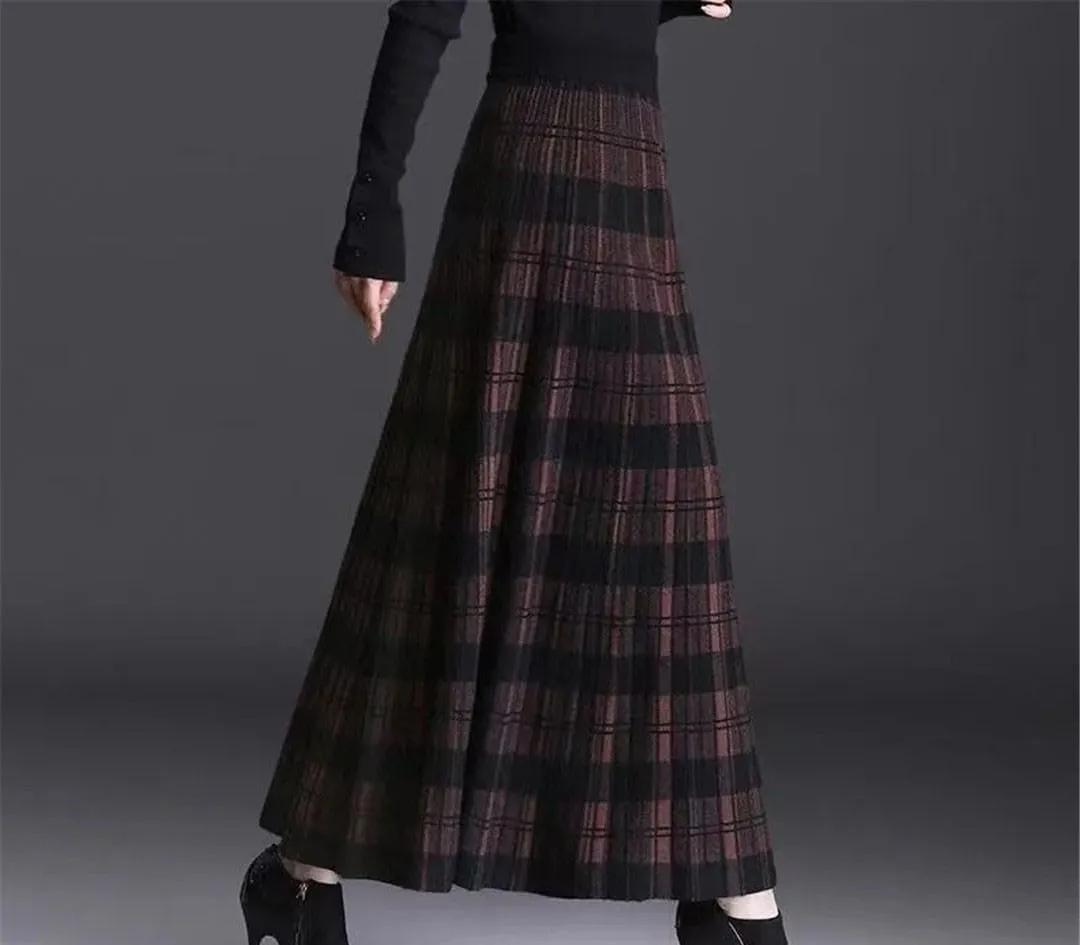 Winter Thickening Plaid Midi Skirt Women Vintage Pleated Elastic A-Line High Waist Knitted Skirt Loose All-Match Skirt