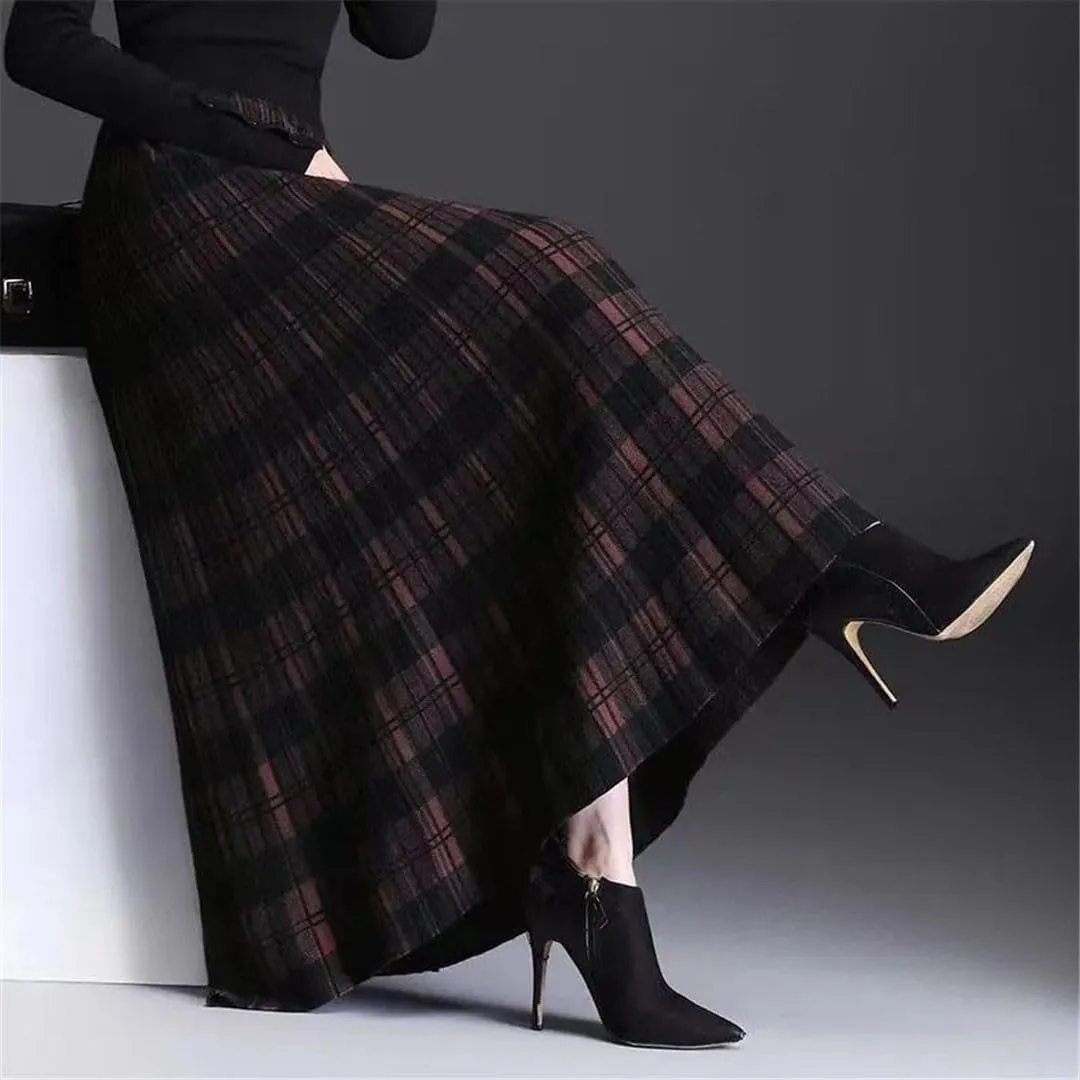 Winter Thickening Plaid Midi Skirt Women Vintage Pleated Elastic A-Line High Waist Knitted Skirt Loose All-Match Skirt