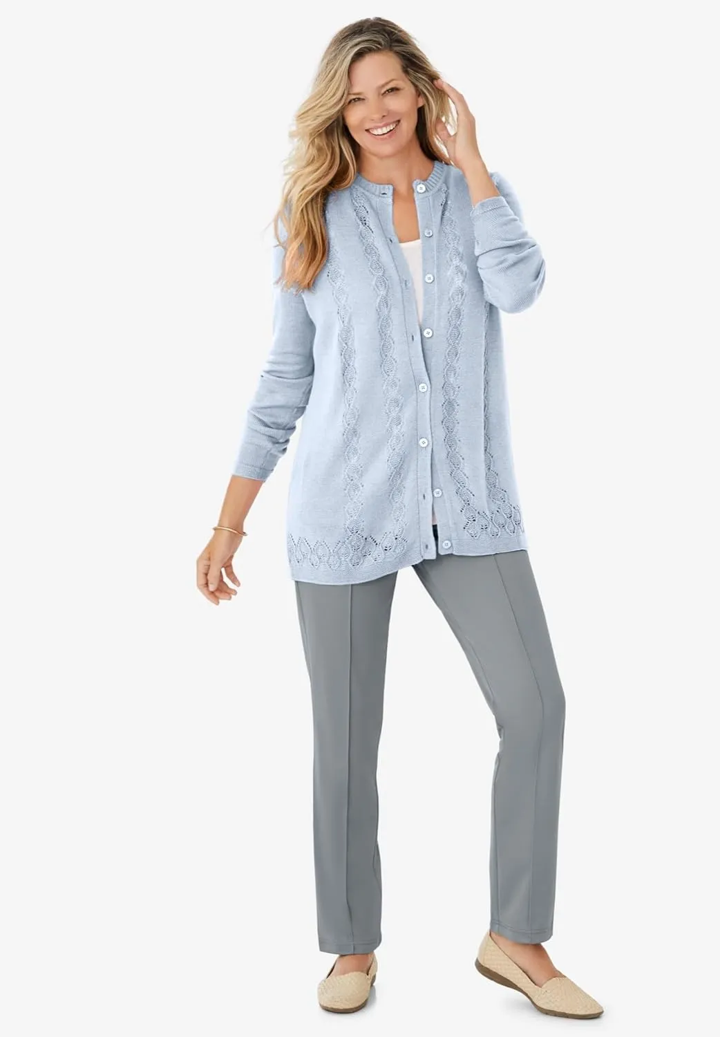 Woman Within Plus Size Long-Sleeve Pointelle Cardigan
