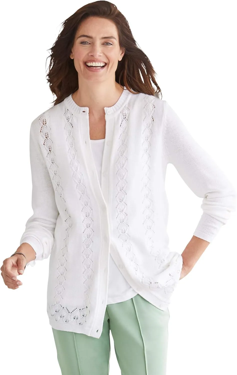 Woman Within Plus Size Long-Sleeve Pointelle Cardigan
