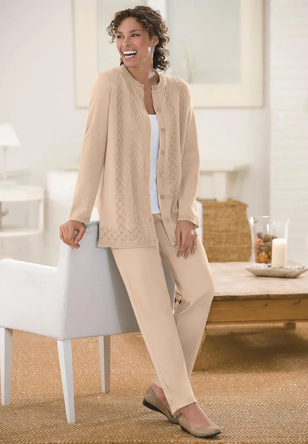 Woman Within Plus Size Long-Sleeve Pointelle Cardigan