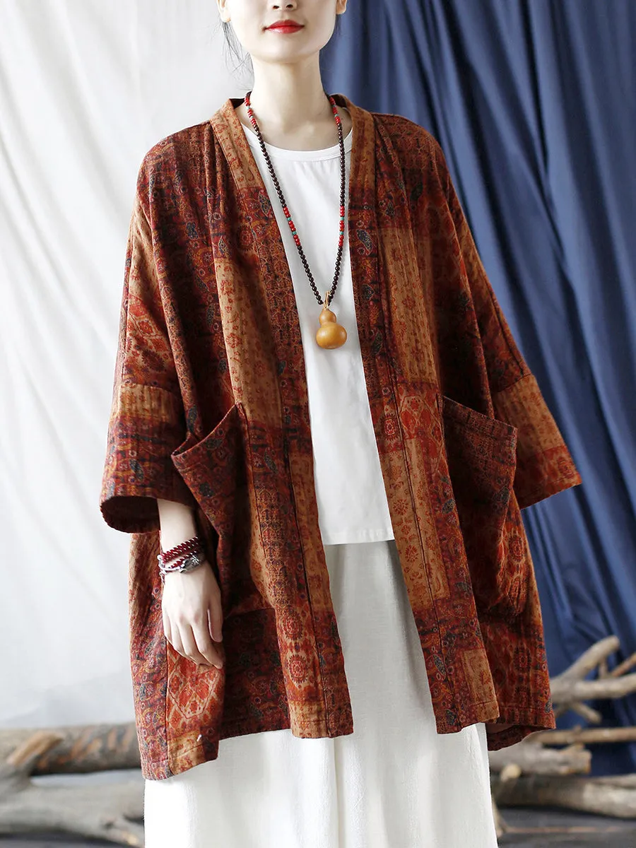 Women Autumn Ethnic Pocket Loose Print Loose Coat