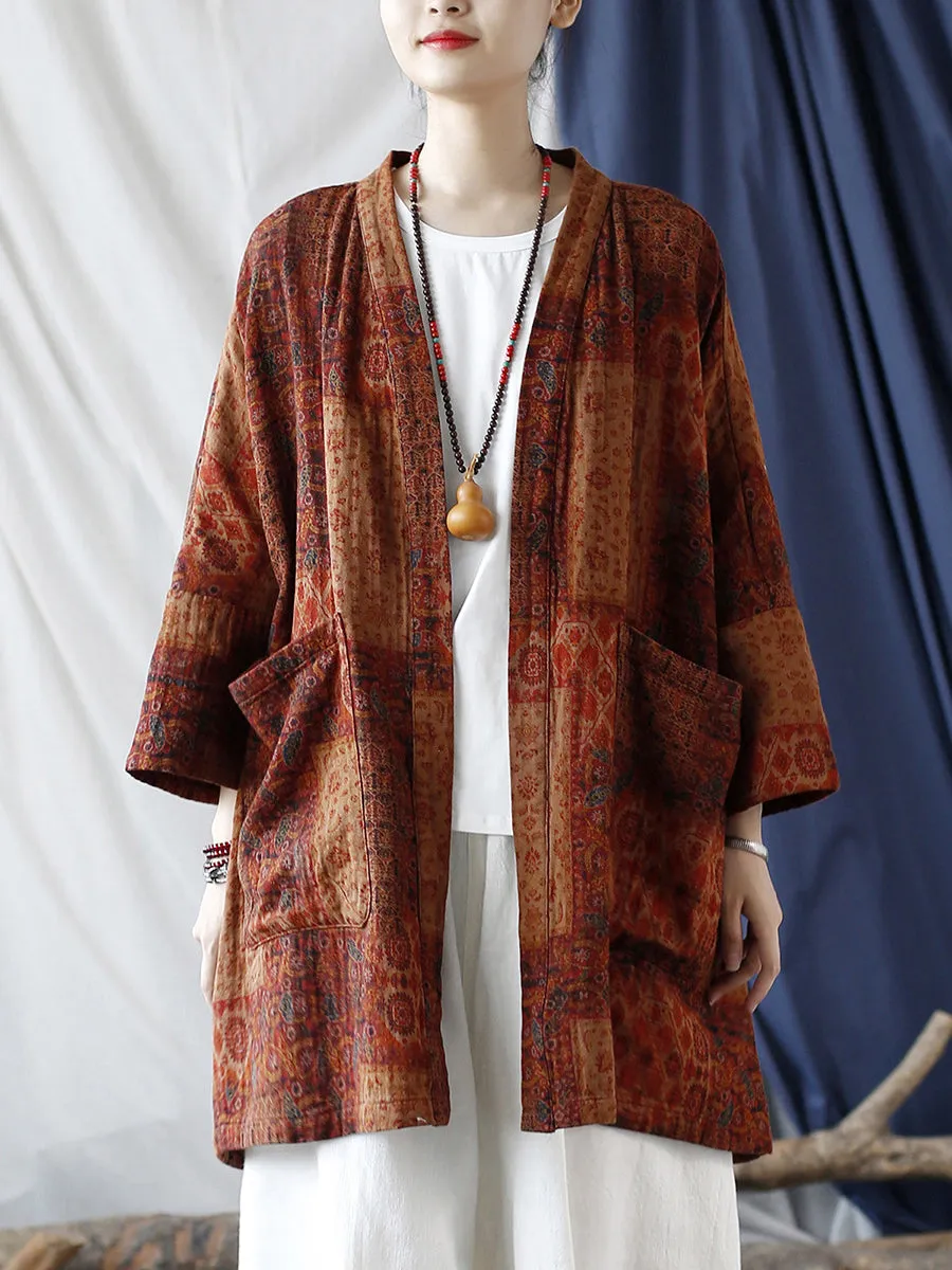 Women Autumn Ethnic Pocket Loose Print Loose Coat