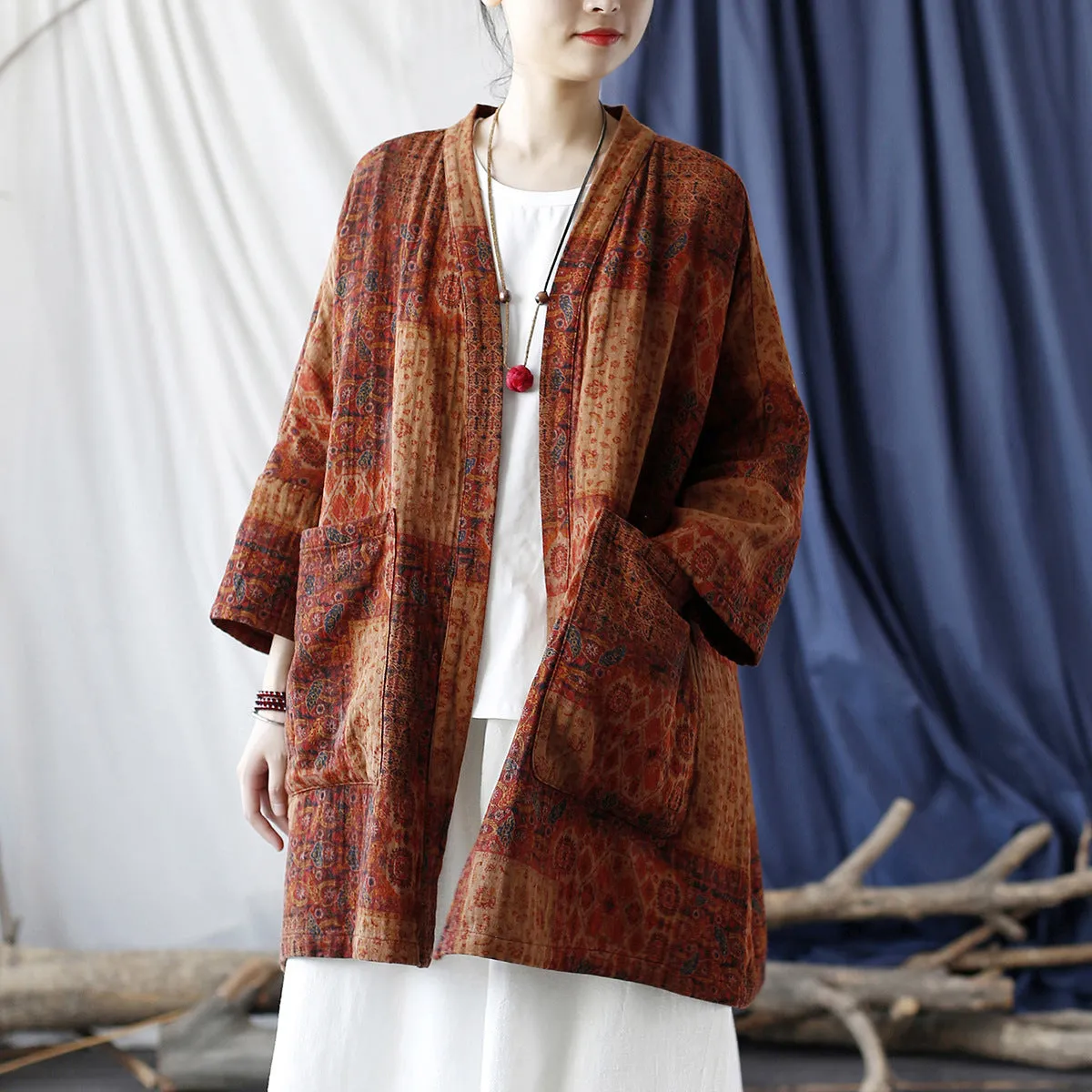 Women Autumn Ethnic Pocket Loose Print Loose Coat