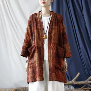 Women Autumn Ethnic Pocket Loose Print Loose Coat