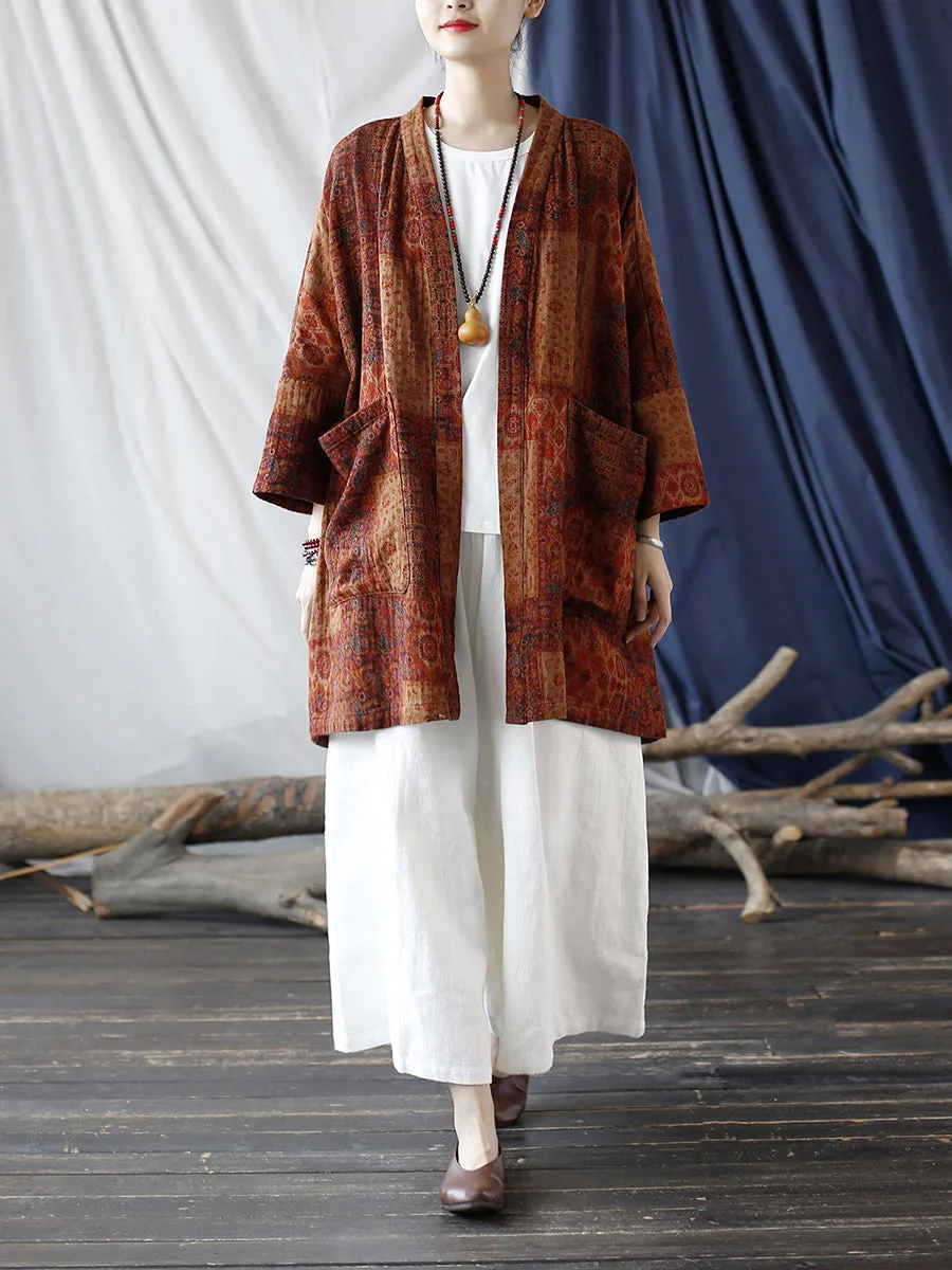 Women Autumn Ethnic Pocket Loose Print Loose Coat