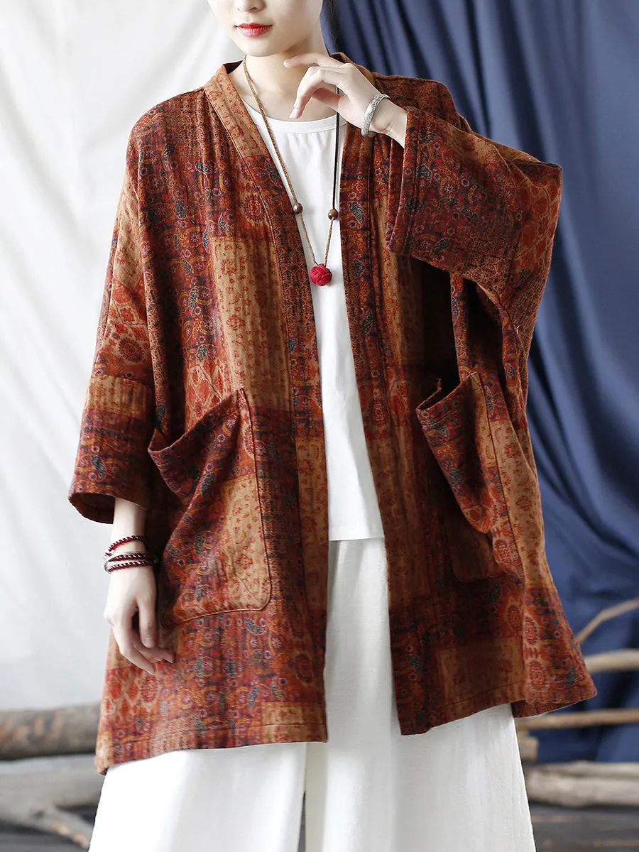 Women Autumn Ethnic Pocket Loose Print Loose Coat