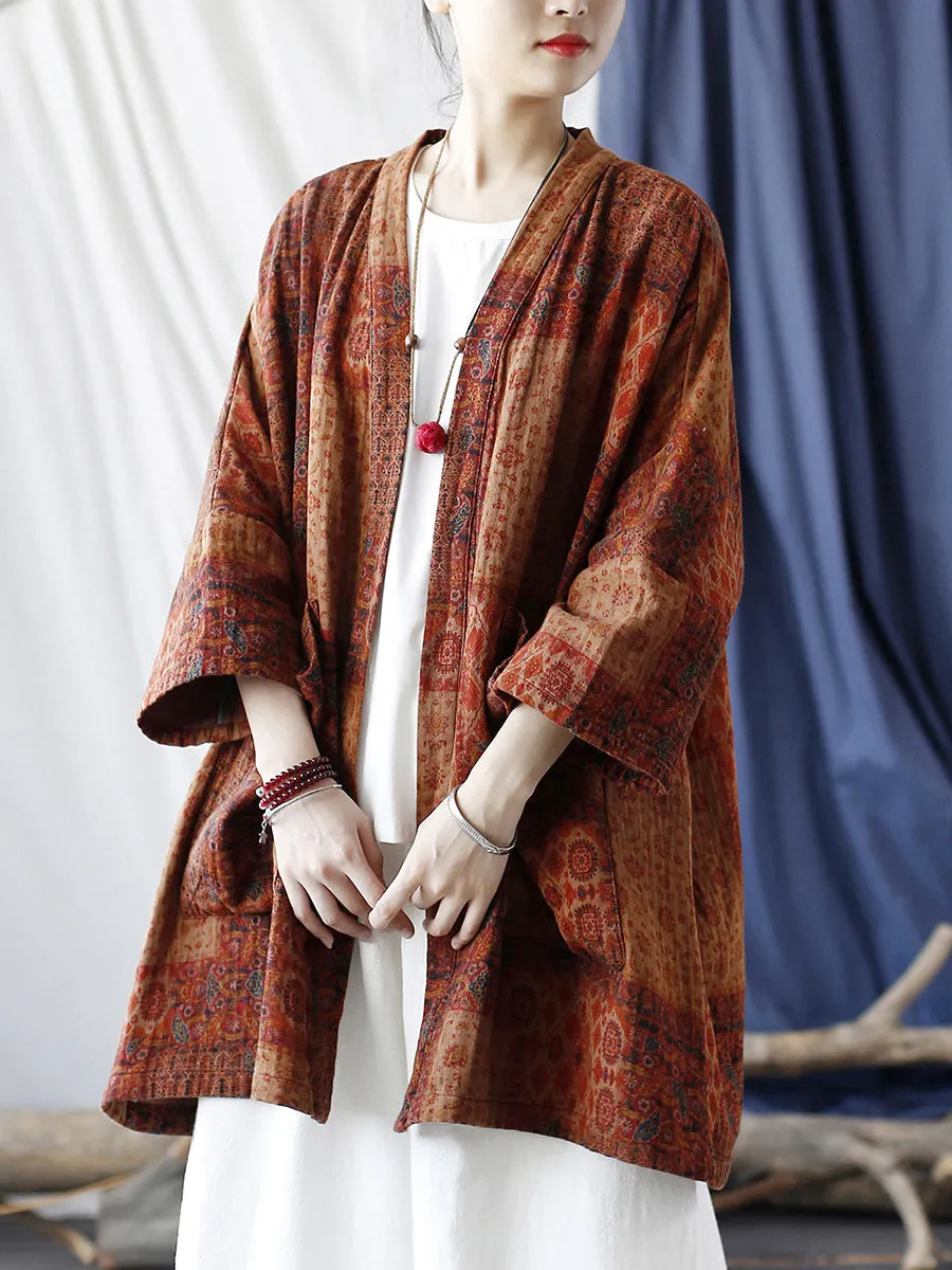 Women Autumn Ethnic Pocket Loose Print Loose Coat