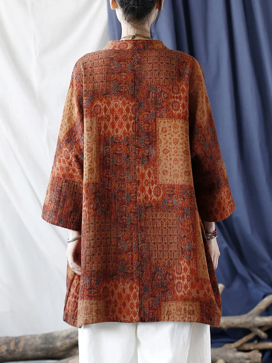 Women Autumn Ethnic Pocket Loose Print Loose Coat