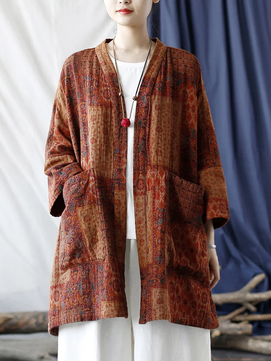 Women Autumn Ethnic Pocket Loose Print Loose Coat