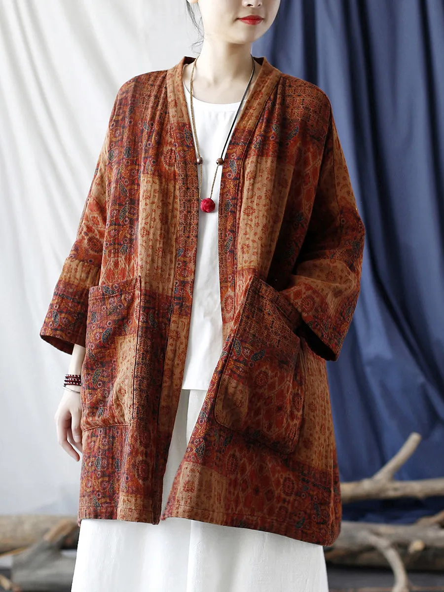 Women Autumn Ethnic Pocket Loose Print Loose Coat
