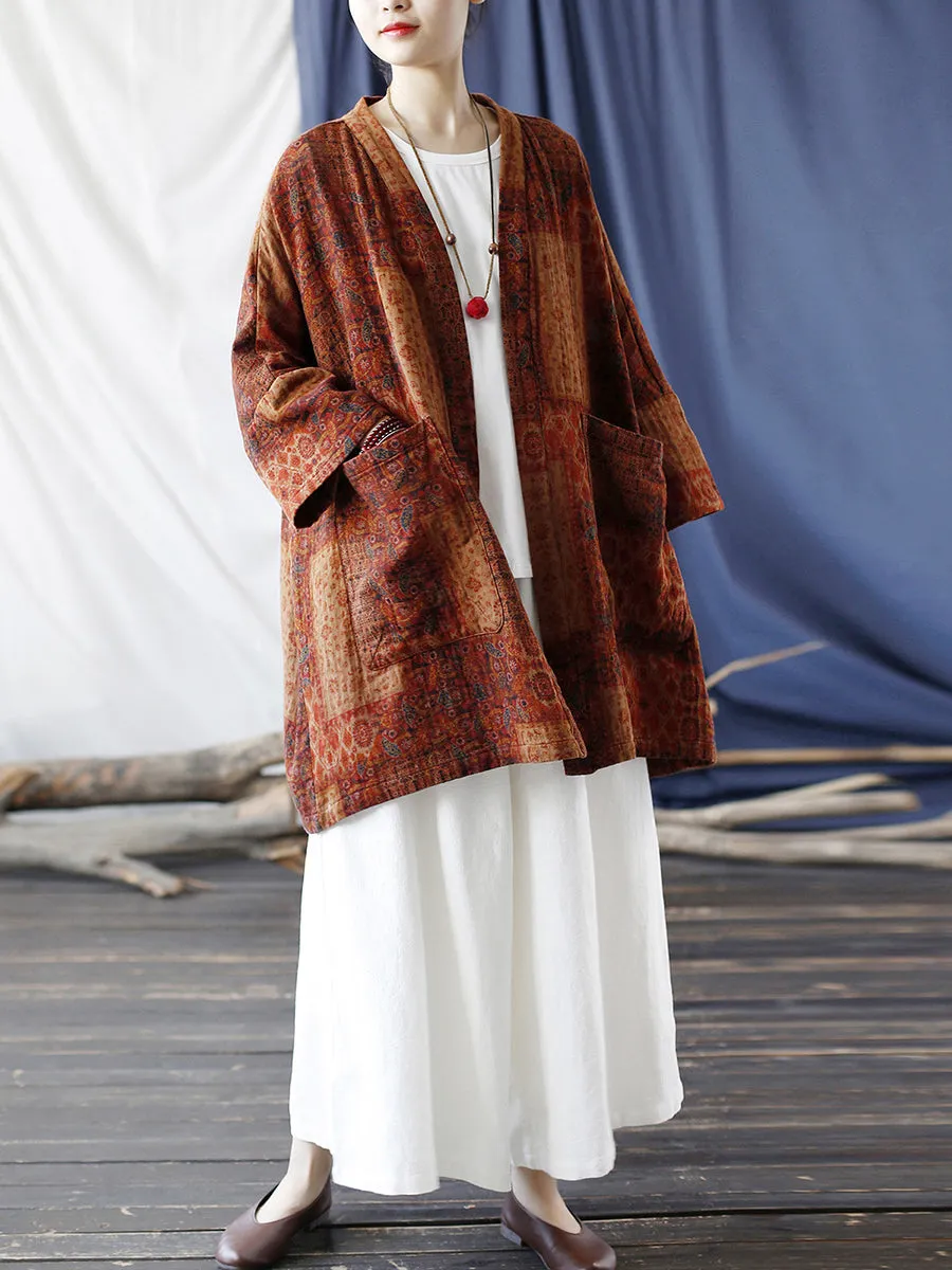Women Autumn Ethnic Pocket Loose Print Loose Coat
