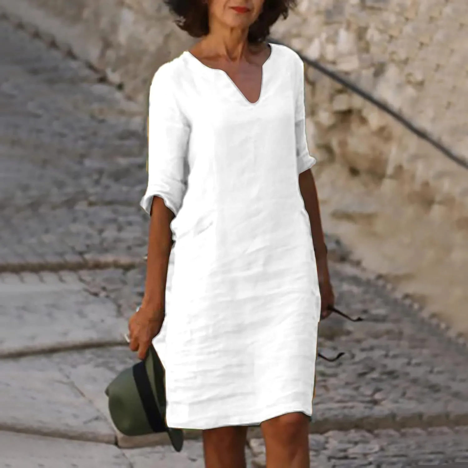 Women Casual Summer Cotton Linen Dresses Vintage 3/4 Sleeve Shirt Derss Beach Sundress Skirt for Women Spring 2025