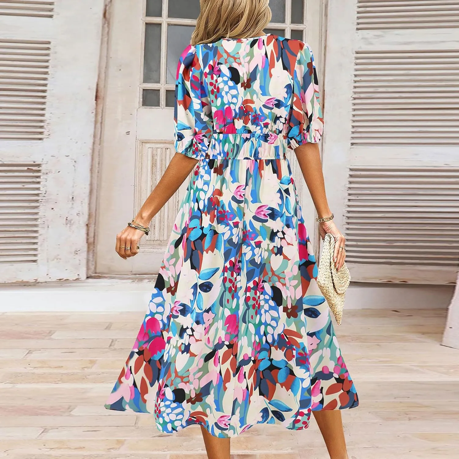 Women Casual Summer Flowy Midi Length Dresses Short Sleeve Tie Waist Pleated A-Line Swing Flowy Wedding Midi Dress