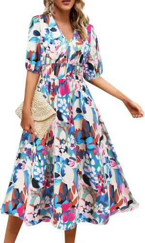 Women Casual Summer Flowy Midi Length Dresses Short Sleeve Tie Waist Pleated A-Line Swing Flowy Wedding Midi Dress