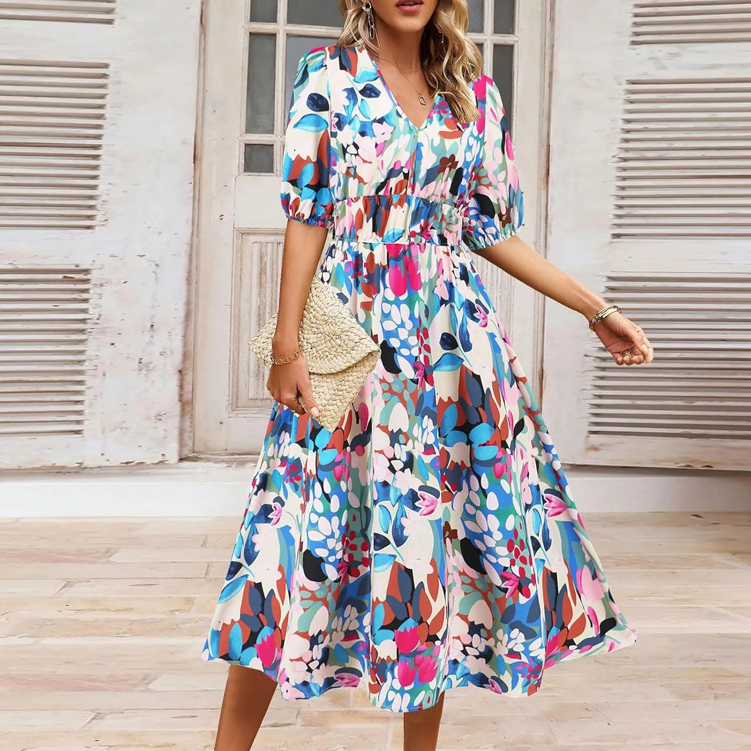 Women Casual Summer Flowy Midi Length Dresses Short Sleeve Tie Waist Pleated A-Line Swing Flowy Wedding Midi Dress