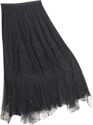 Women Ruffles Layered Mesh Tulle Skirts Ball Gown Puffy Elastic Flare Solid Long Skirt Cute Half Dress