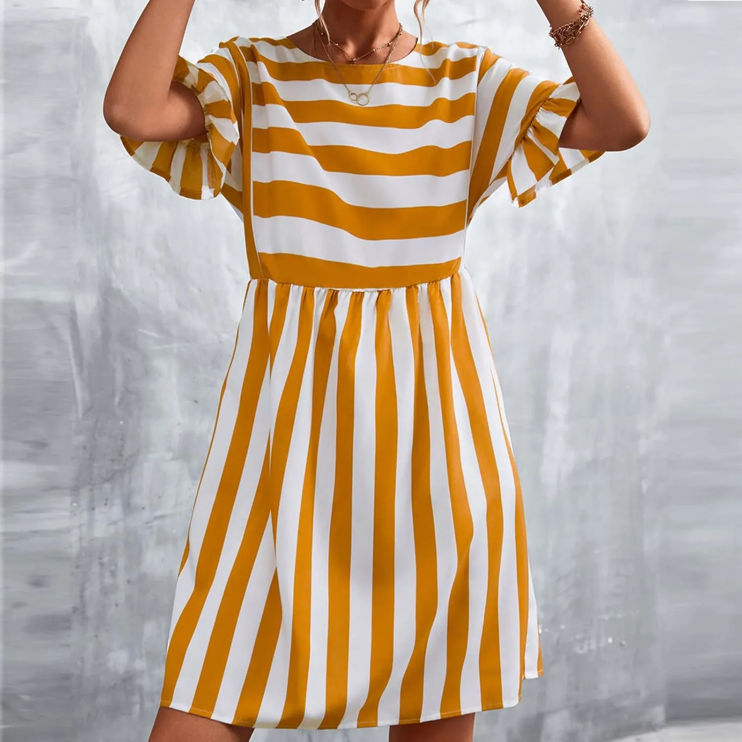 Women Striped Patchwork Mini Dresses Ruffle Short Sleeve Crew Neck Summer Short Dress Casual Beach Sundress