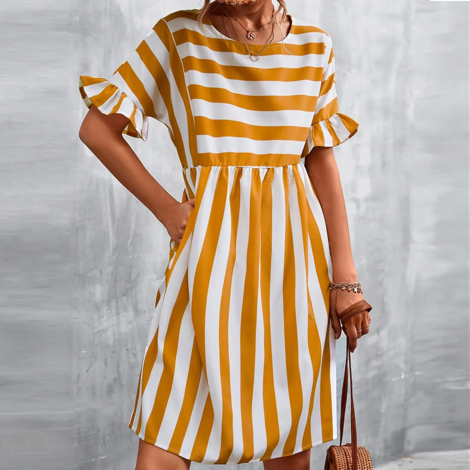 Women Striped Patchwork Mini Dresses Ruffle Short Sleeve Crew Neck Summer Short Dress Casual Beach Sundress