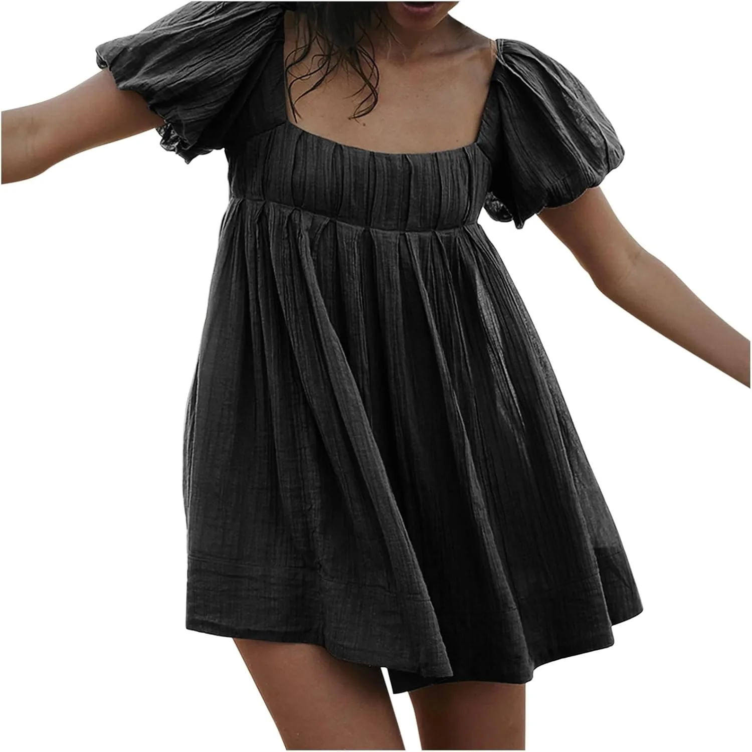 Women Summer Cotton Mini Dresses Square Neck Ruffle Sleeve Solid Color Simple Flowy Club Party Short Dress