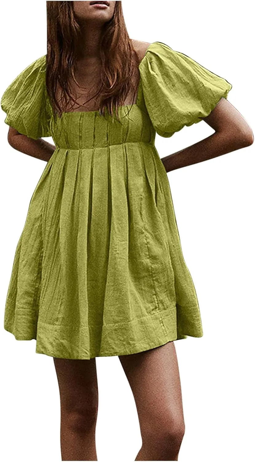 Women Summer Cotton Mini Dresses Square Neck Ruffle Sleeve Solid Color Simple Flowy Club Party Short Dress