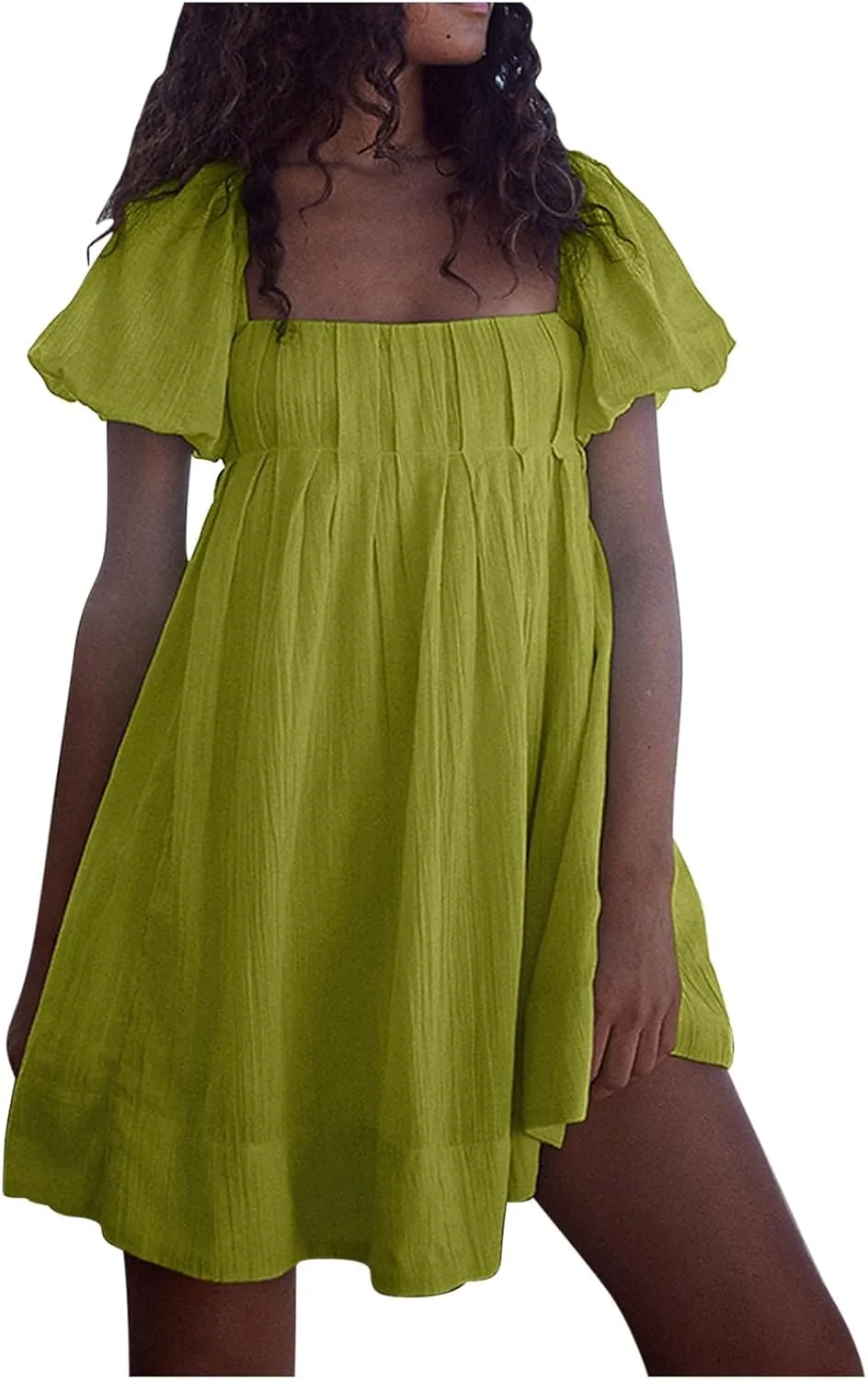 Women Summer Cotton Mini Dresses Square Neck Ruffle Sleeve Solid Color Simple Flowy Club Party Short Dress