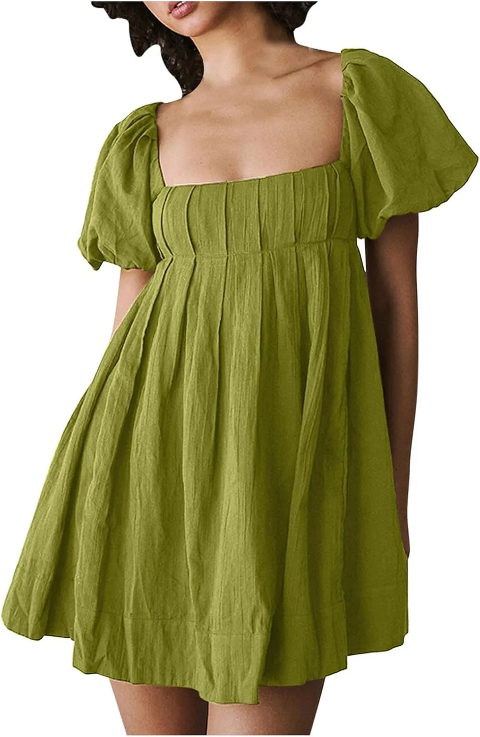 Women Summer Cotton Mini Dresses Square Neck Ruffle Sleeve Solid Color Simple Flowy Club Party Short Dress