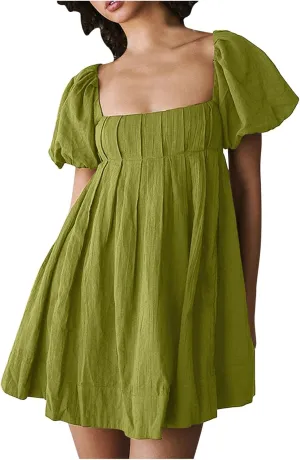 Women Summer Cotton Mini Dresses Square Neck Ruffle Sleeve Solid Color Simple Flowy Club Party Short Dress