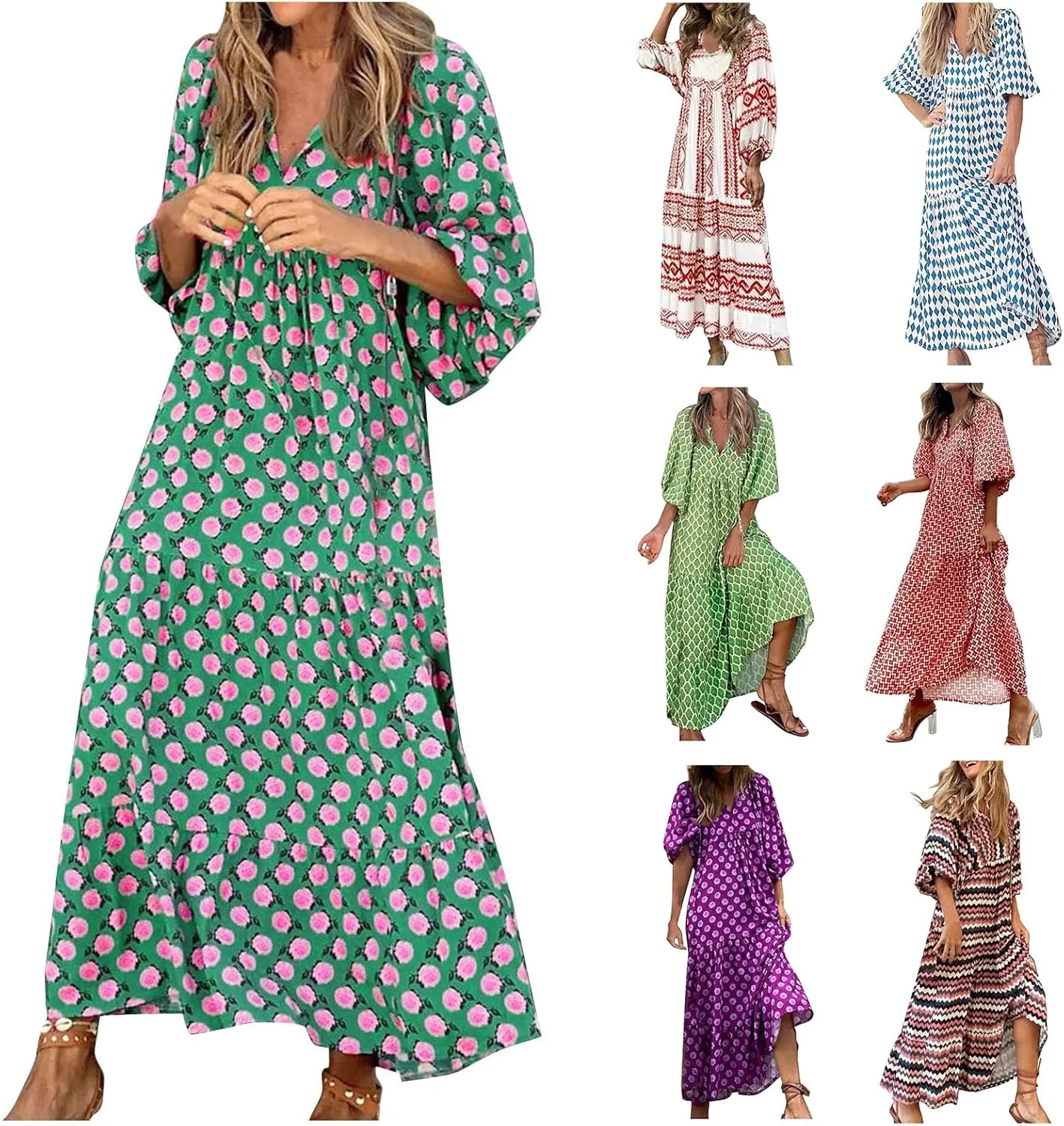 Womens Boho Maxi Dresses 2025 Loose Fit Long Bohemian Dress Geometric Half Sleeve V Neck Floral Flowy Dress