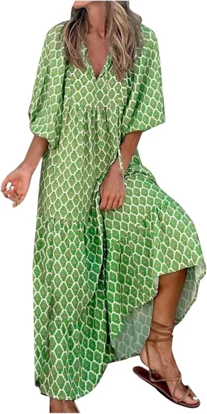 Womens Boho Maxi Dresses 2025 Loose Fit Long Bohemian Dress Geometric Half Sleeve V Neck Floral Flowy Dress