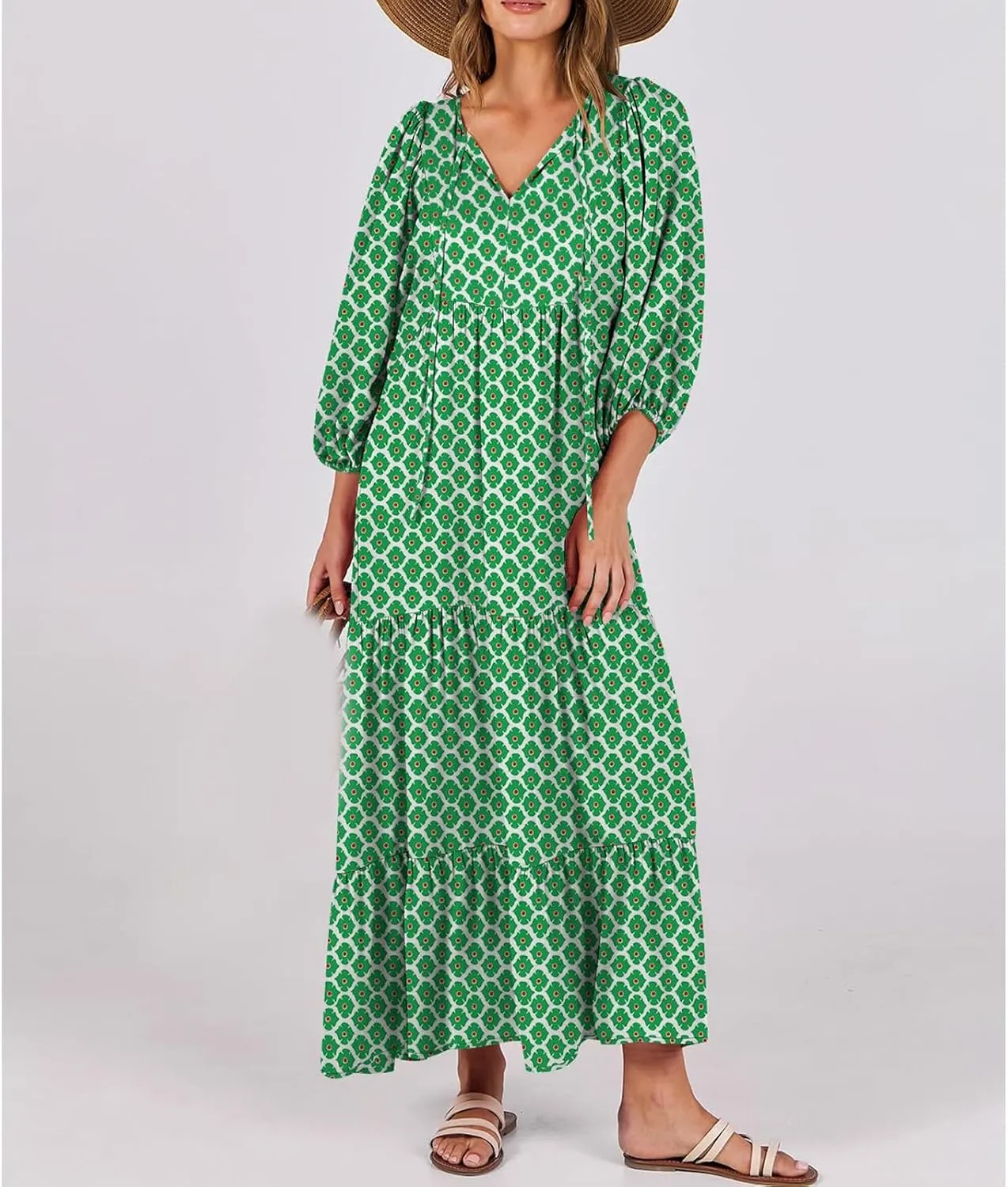Womens Boho Maxi Dresses 2025 Loose Fit Long Bohemian Dress Geometric Half Sleeve V Neck Floral Flowy Dress