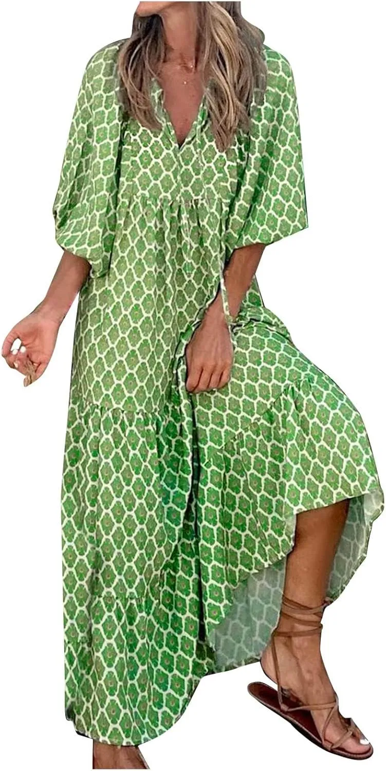 Womens Boho Maxi Dresses 2025 Loose Fit Long Bohemian Dress Geometric Half Sleeve V Neck Floral Flowy Dress