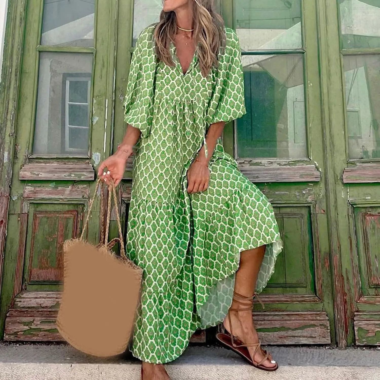 Womens Boho Maxi Dresses 2025 Loose Fit Long Bohemian Dress Geometric Half Sleeve V Neck Floral Flowy Dress