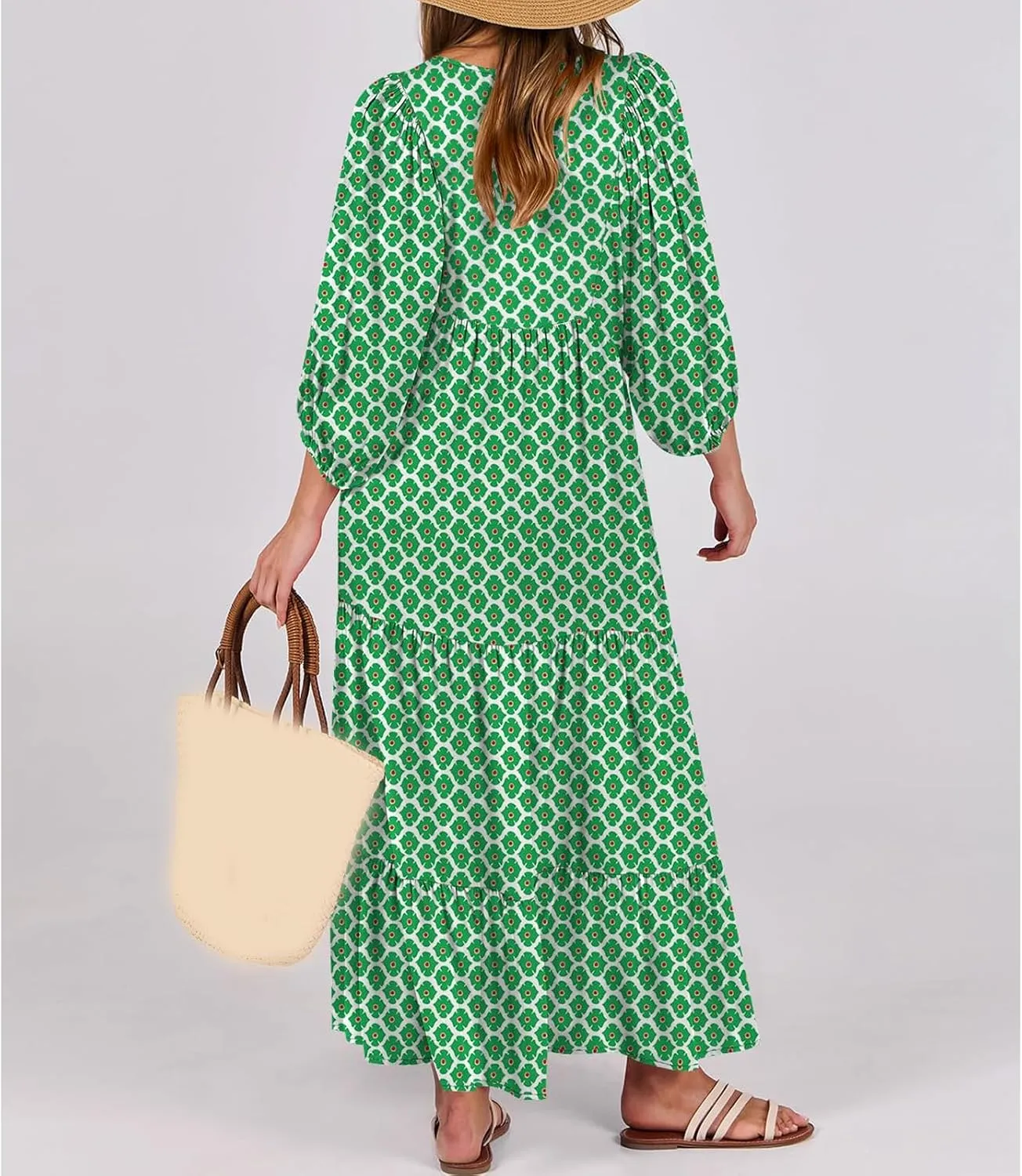 Womens Boho Maxi Dresses 2025 Loose Fit Long Bohemian Dress Geometric Half Sleeve V Neck Floral Flowy Dress