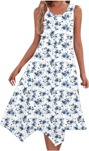 Womens Casual Long Tank Dress Floral Print Summer Loose Flowy Beach Sundress Hankerchief Flare Midi Swing Dresses