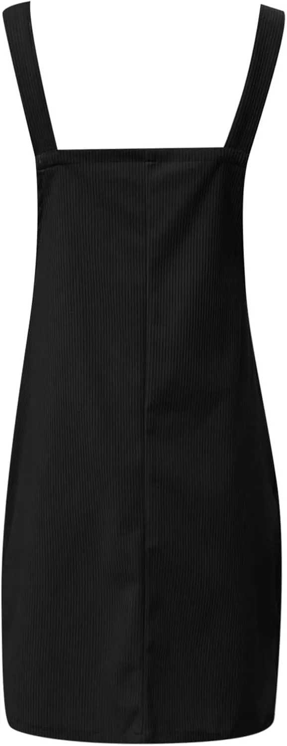 Women's Corduroy A Line Mini Dress Adjustable Button Down Strap Sundress Front Pockets Elegant Plain Cord Dresses