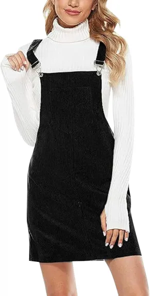 Women's Corduroy A Line Mini Dress Adjustable Button Down Strap Sundress Front Pockets Elegant Plain Cord Dresses