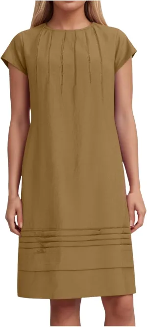 Womens Cotton Linen Midi Dress Crewneck Cap Sleeve Pleated Summer Dresses Plus Size Sundress Vacation Outfit 2025 S-5XL