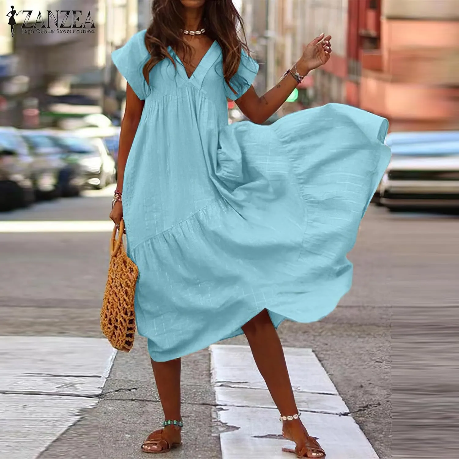 Women's Cotton Linen V Neck Tunic Dresses Summer Casual Loose Short Sleeve Flowy Swing Midi Dress Plus Size