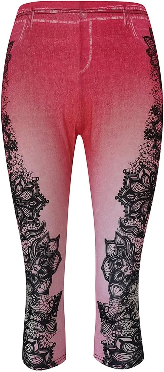 Women's Denim Leggings Lace Embroidery 3/4 Yoga Pants Stretchy Workout Capris High Waist Yoga Jeans Cropped Trousers