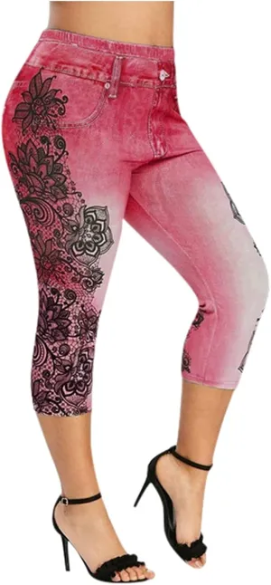 Women's Denim Leggings Lace Embroidery 3/4 Yoga Pants Stretchy Workout Capris High Waist Yoga Jeans Cropped Trousers
