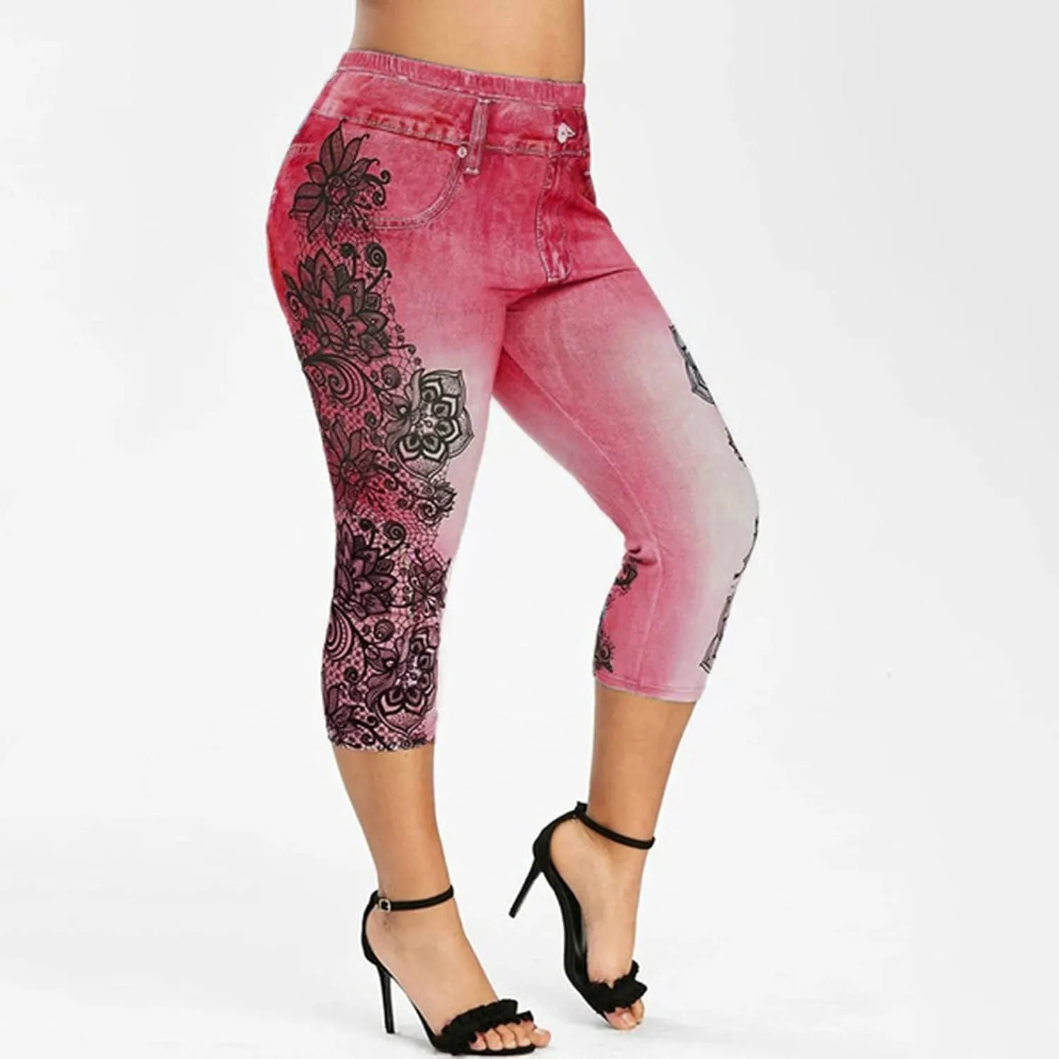 Women's Denim Leggings Lace Embroidery 3/4 Yoga Pants Stretchy Workout Capris High Waist Yoga Jeans Cropped Trousers