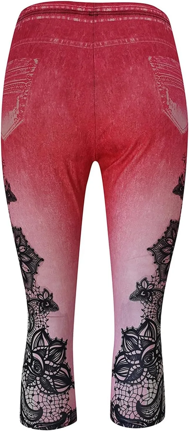 Women's Denim Leggings Lace Embroidery 3/4 Yoga Pants Stretchy Workout Capris High Waist Yoga Jeans Cropped Trousers