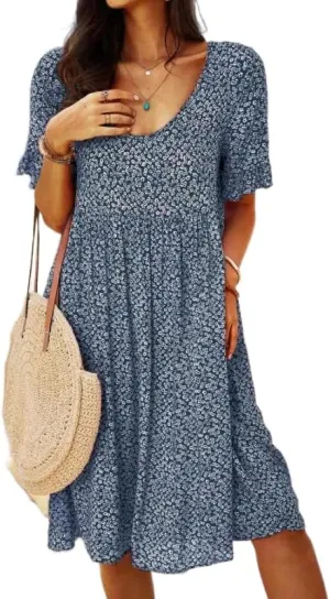 Women's Ditsy Floral Flowy Loose Knee Length Tshirt Dresses Summer Beach Casual Short Sleeve Swing Tunic Boho Dresses