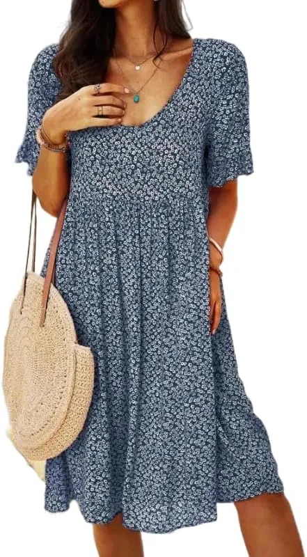Women's Ditsy Floral Flowy Loose Knee Length Tshirt Dresses Summer Beach Casual Short Sleeve Swing Tunic Boho Dresses